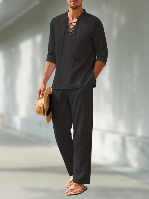 Men's Lightweight Cotton Summer Set | Casual V-Neck Shirt and Loose Trousers 1