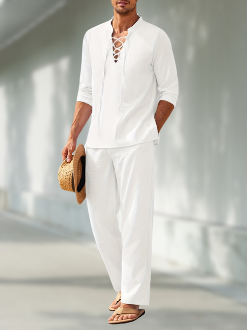 Men's Lightweight Summer Suit | Relaxed V-Neck Short Sleeve Set 0