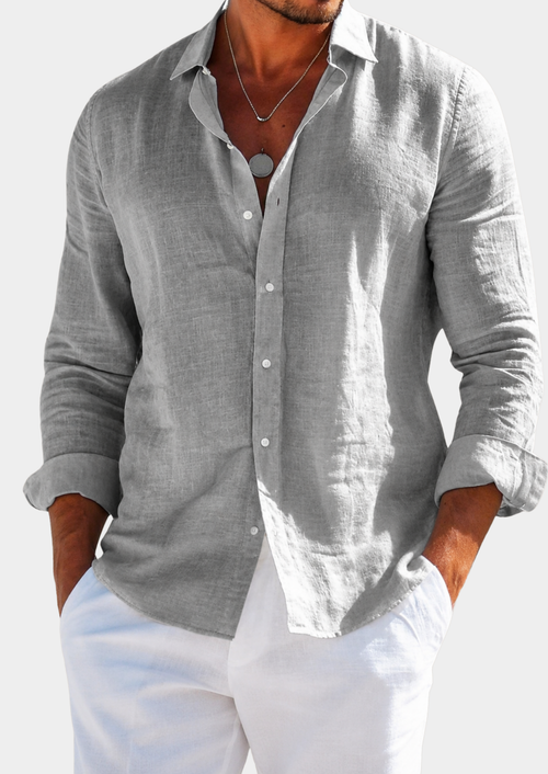 Men's Linen Blend Long Sleeve Shirt | Classic Relaxed Fit Button-Up Dress Shirt 0