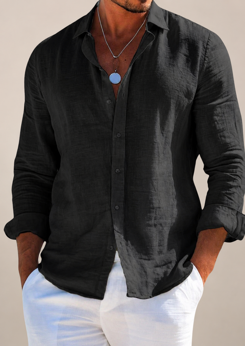 Men's Linen Blend Long Sleeve Shirt | Classic Relaxed Fit Button-Up Dress Shirt 1