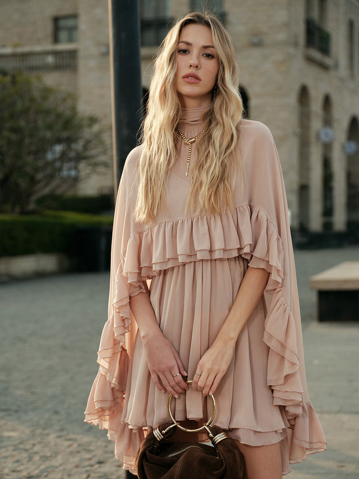 Women's Elegant Chiffon Ruffle Cape Dress