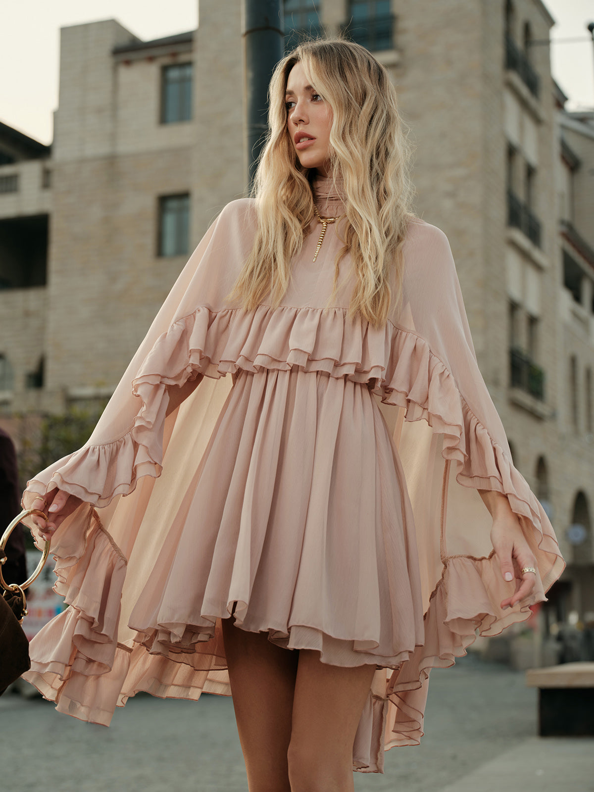 Women's Elegant Chiffon Ruffle Cape Dress