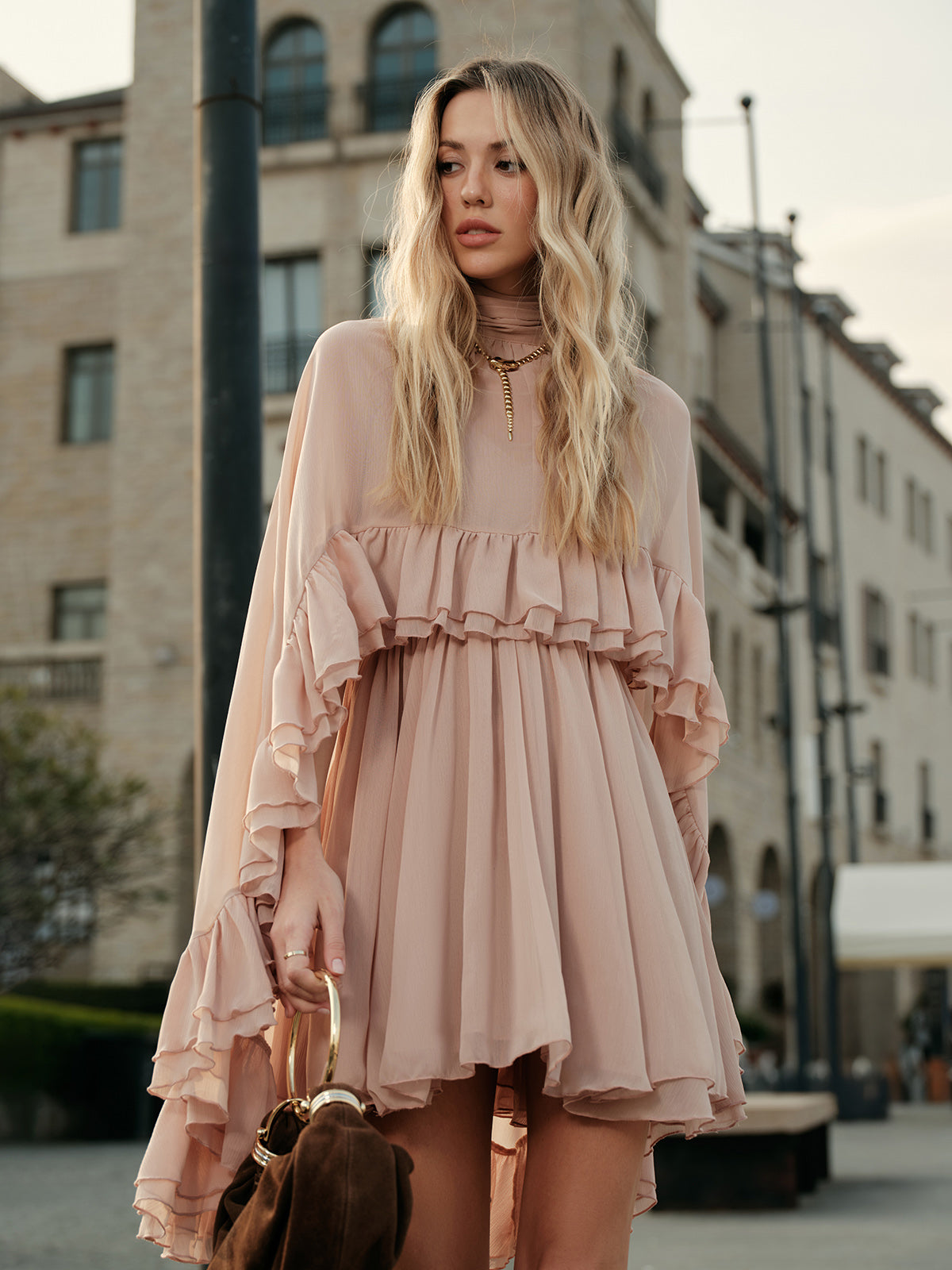 Women's Elegant Chiffon Ruffle Cape Dress