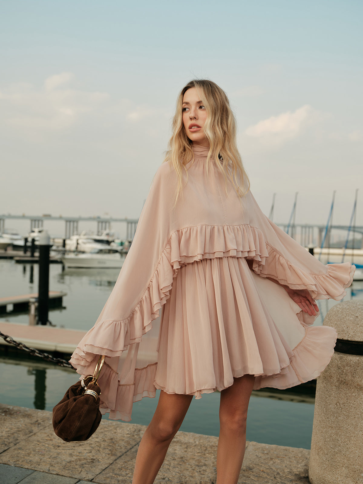 Women's Elegant Chiffon Ruffle Cape Dress