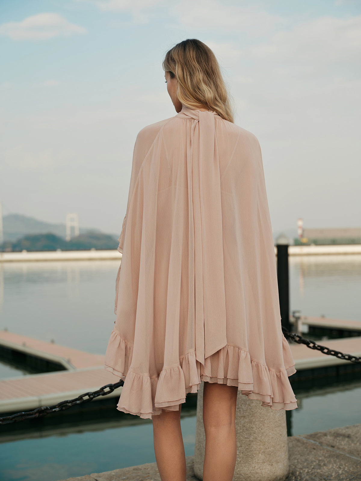 Women's Elegant Chiffon Ruffle Cape Dress