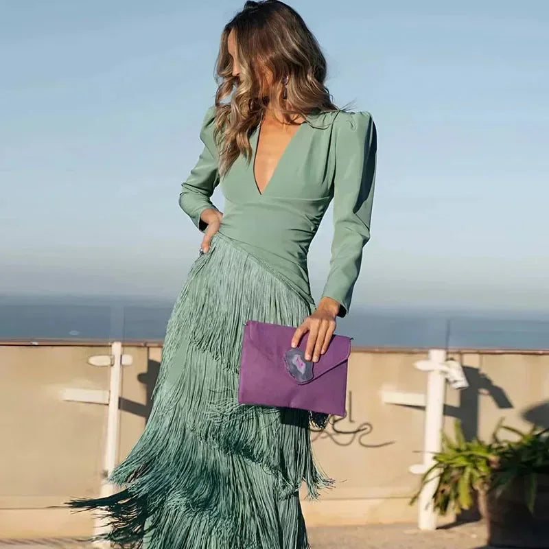 Women's Elegant Fringe Maxi Dress