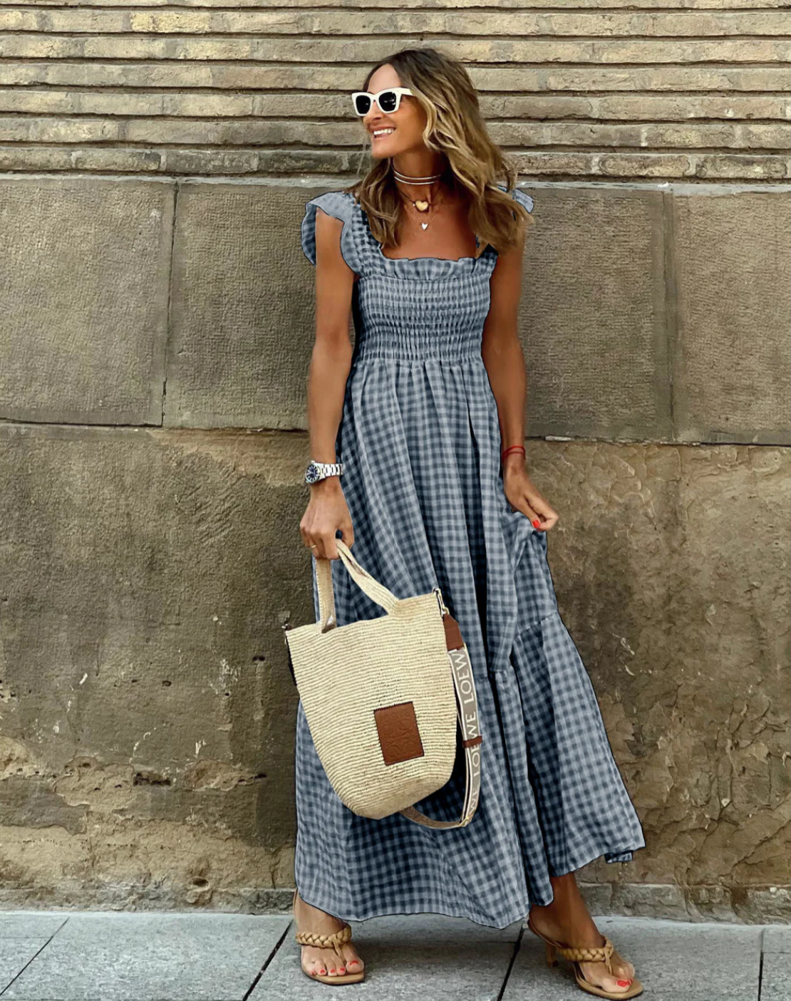 Women's Lightweight Cotton Gingham Maxi Dress