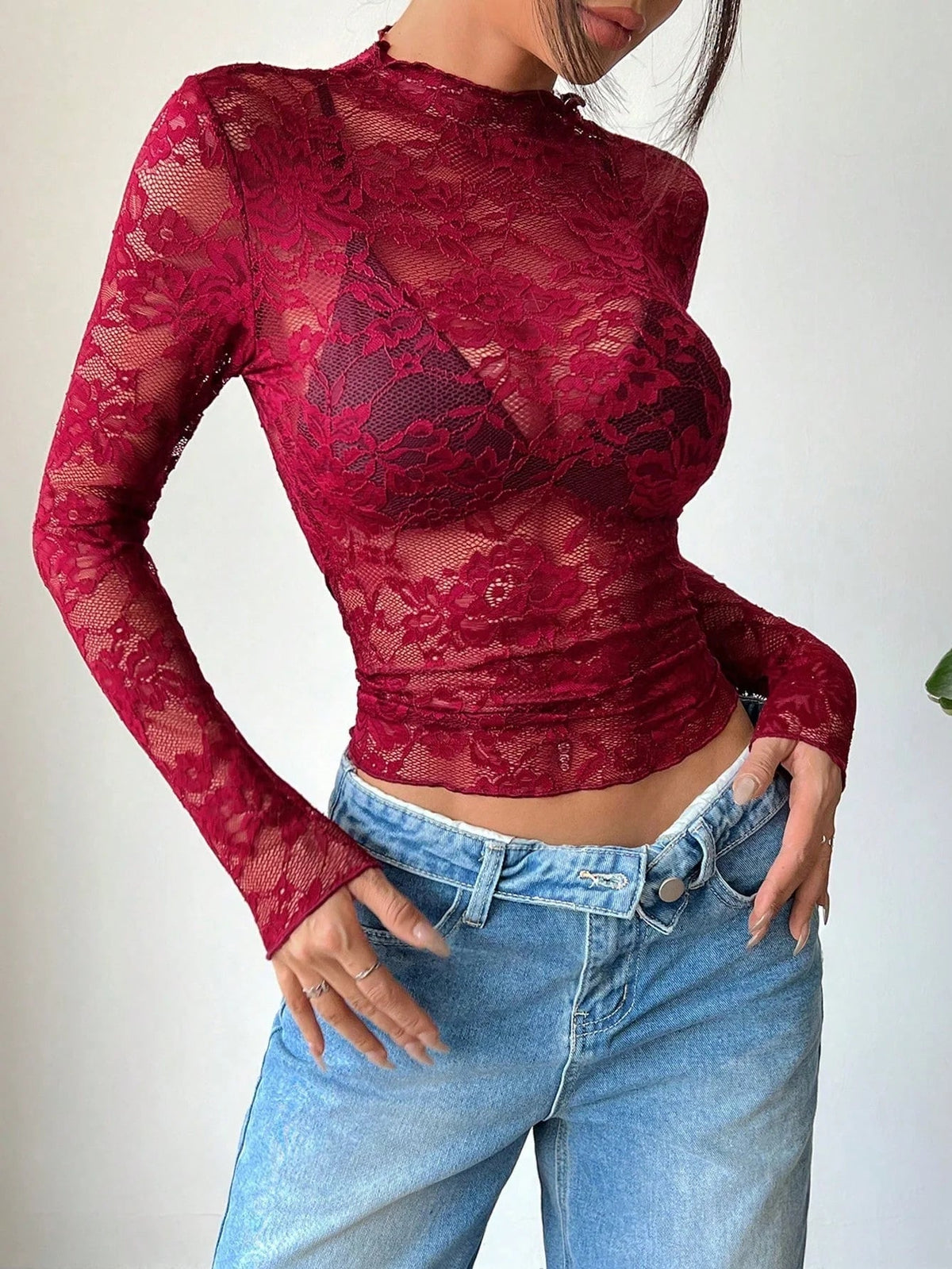 Women's Sheer Floral Lace Blouse