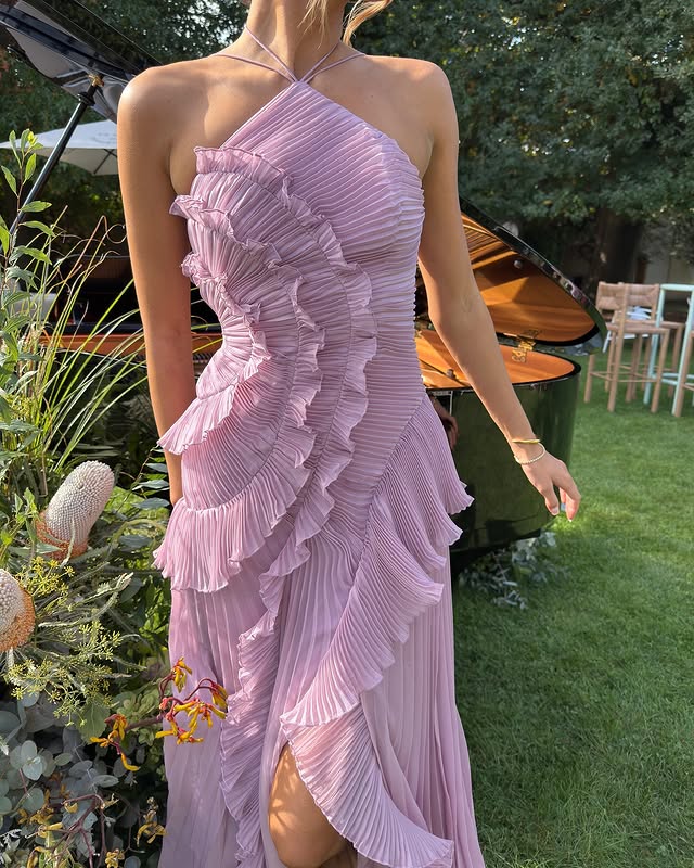 Women's Soft Pleated Ruffle Maxi Dress